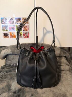 Dooney & Bourke Black Pebbled Leather Drawstring Shoulder Bag with Red Lining